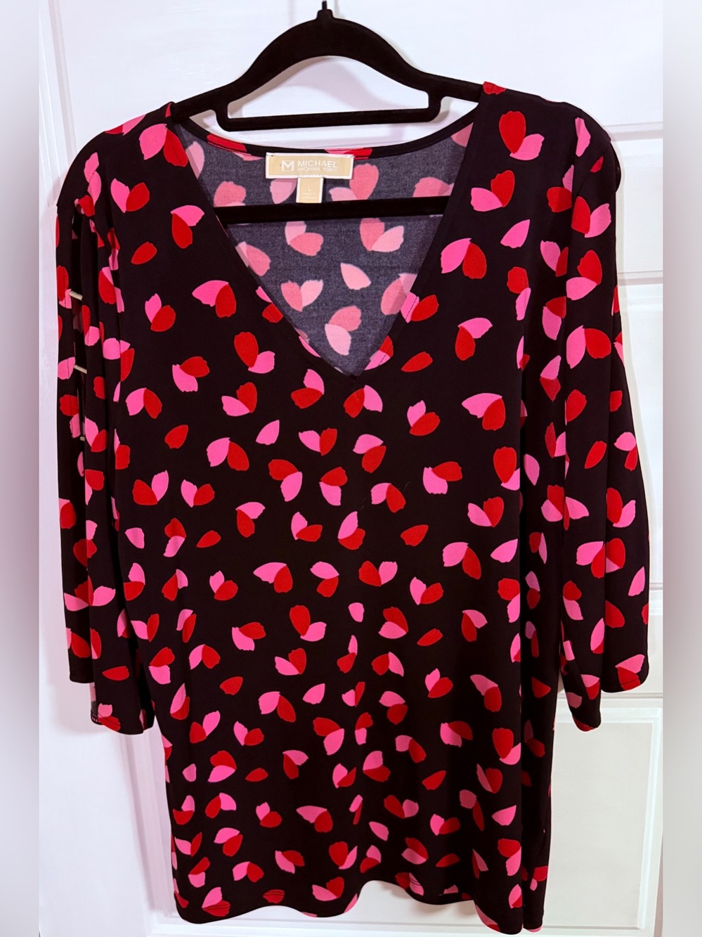 Michael Kors Black DressShirt  with Pink/Red Petal Print flattering neck line